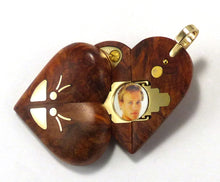 Load image into Gallery viewer, 5678 Thin Gold Butterfly Amboyna Burl Wood Illusionist locket
