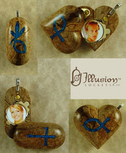 Load image into Gallery viewer, B093 Birdseye Maple Wood Cremation Ash Cross Christian Fish Locket With Secret Compartments
