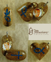 Load image into Gallery viewer, B093 Birdseye Maple Wood Cremation Ash Cross Christian Fish Locket With Secret Compartments