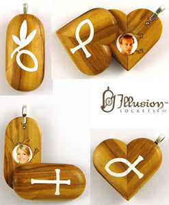 4967 Natural Olive Wood Cross Locket That Transforms Into Christian Fish Illusionist Locket