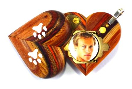 B217 Wood Cremation Ash Paw Print Locket With Secret Compartments