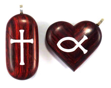 Load image into Gallery viewer, 0015 Thin Cross Locket That Transforms Into Christian Fish Illusionist Locket Rosewood Burgundy
